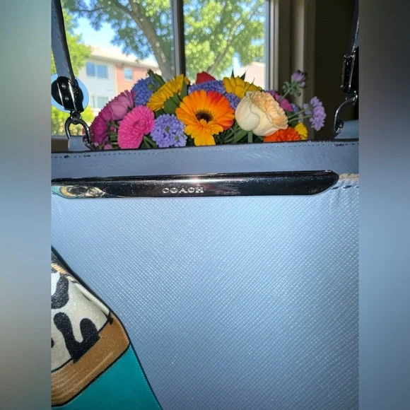 3FER Coach Light Blue Saffiano Leather Crossbody with Floral Print Accent - Picture 6 of 9